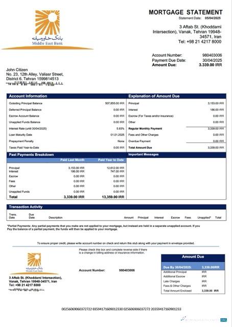 Download Iran Middle East Bank mortgage statement Word and PDF template Photoshop template